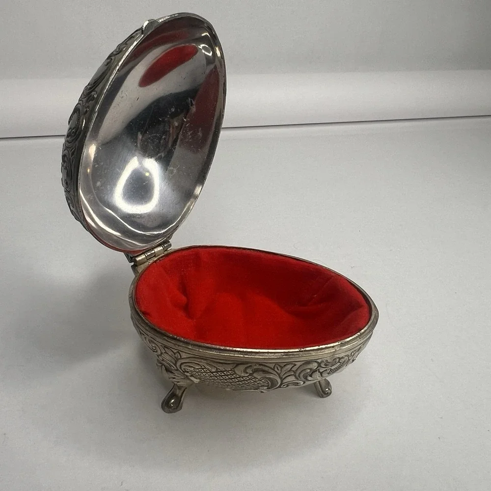 Vintage Jewelry Box Silver Egg Shaped Flowers Embossed Footed Trinket Box Velvet